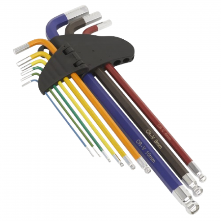 Ball-End Hex Key Set 9pc Colour-Coded Extra-Long Metric